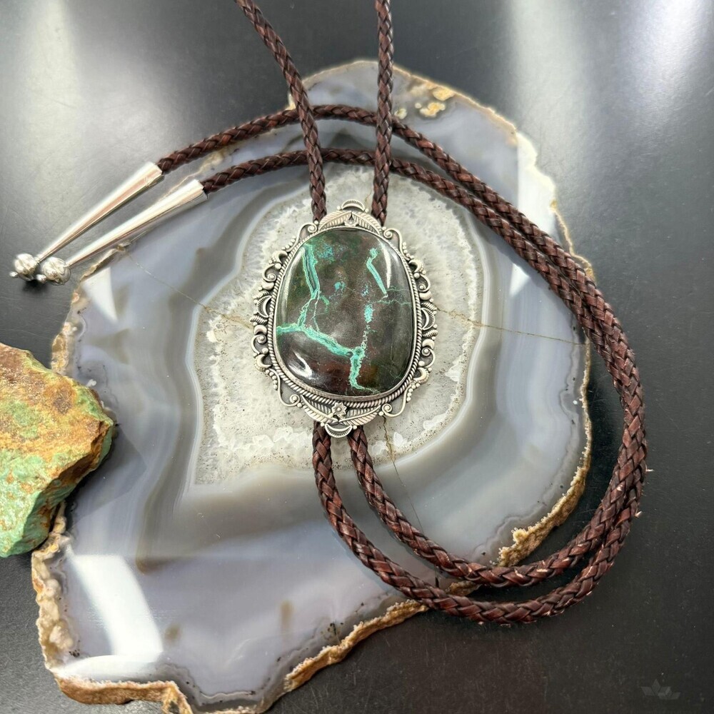 Sterling Southwestern Style Oval Large Chrysocolla Bolo Tie For Men - Picture 5 of 10